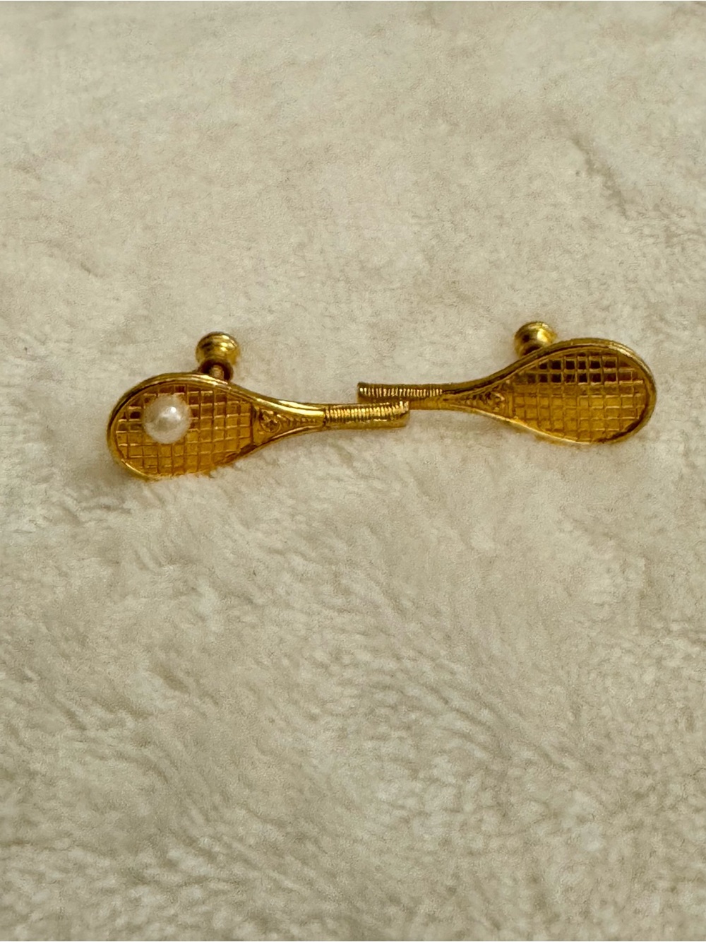 Gold Tennis Racket Screw Back Earrings with Pearl Accent